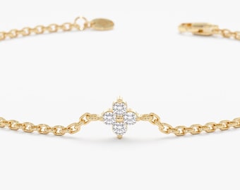 14k Small Diamond Clover Bracelet, Dainty Diamond Bracelet, Solid Gold Diamond Bracelet, 14k Yellow, Rose, White Gold, Bridesmaid Gift, Amy