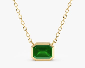 Natural Emerald Necklace, Solid Gold Emerald Necklace, 14k or 18k, Octagon Cut Emerald, Handmade in Bezel Setting, Beautiful Green, Luisa