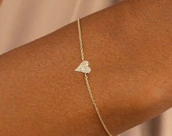 14k Gold Small Diamond Heart Bracelet, Cute Diamond Heart Bracelet, Dainty Diamond Bracelet, Birthday Gift, Minimalist Bracelet, Lily