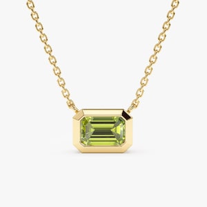 14k Gold Peridot Necklace, Octagon Peridot Stone, Birthstone Necklace, Bezel Setting Gold Cable Chain, Emerald Cut, August Birthstone, Luisa