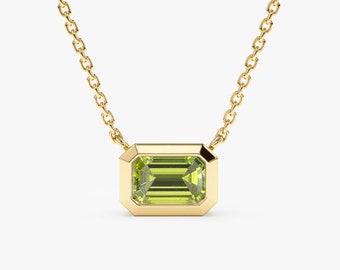 14k Gold Peridot Necklace, Octagon Peridot Stone, Birthstone Necklace, Bezel Setting Gold Cable Chain, Emerald Cut, August Birthstone, Luisa