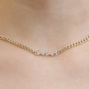 14k Gold Diamond Necklace, Cuban Chain Diamond Name Necklace, Solid Gold and Natural Diamonds, Personalized Christmas Gift, Vivian