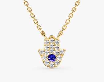14k Diamond Small Hamsa Necklace, Sapphire Necklace, 14k White, Rose, Yellow, Pave Diamonds, Luck Charm, Gift for Her, Jewish Gift, Edina