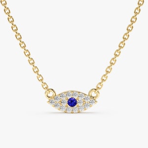 Solid Gold Tiny Evil Eye Necklace, Diamond Evil Eye, 14K White, Yellow, Rose Gold, Sapphire Setting, Evil Eye Charm, Dainty, Missandei