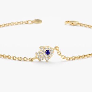 14k Hamsa Hand Bracelet, Solid Gold, White, Rose, Yellow Gold, Natural Diamonds & Blue Sapphire, Gift for Her, Edina