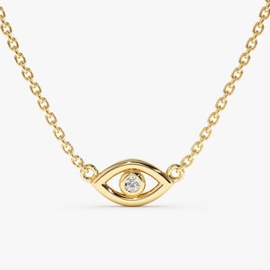 14k Diamond Lucky Eye Necklace, Tiny Evil Eye Necklace, Small Diamond Necklace, 14k White, Rose, White, Mini Evil Eye, Bezel Set, Elena