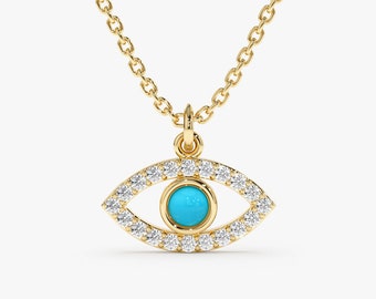 Evil Eye Necklace, Turquoise Necklace, Solid Gold and Natural Stone, Best friend Gift, Protection Charm, Dainty Choker, For Good Luck, Sansa