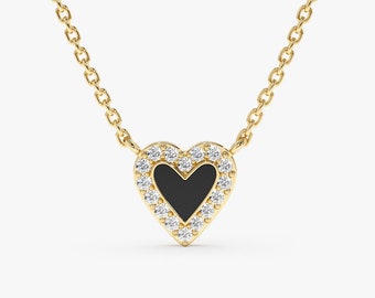 14k Diamond Heart Necklace, Enamel Heart Necklace, Small Heart Necklace, 14k Solid Gold, Diamond Dainty Necklace, Gift For Loved, Lilliana