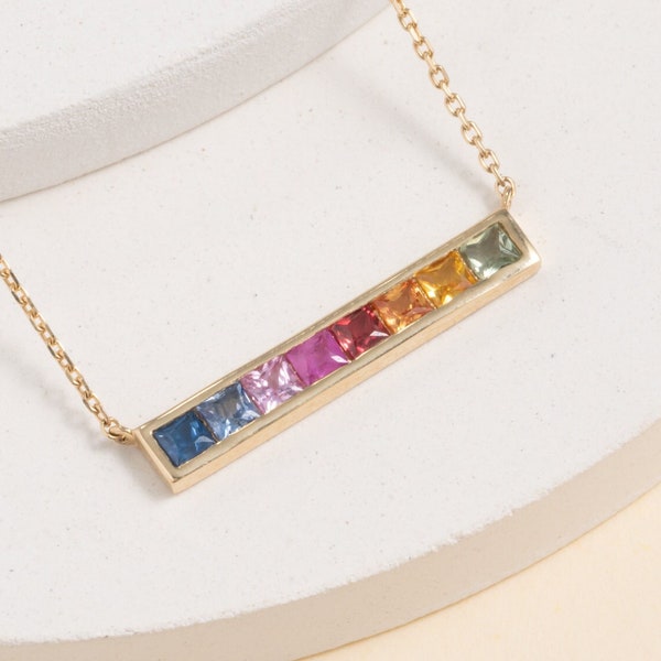 Rainbow Sapphire Necklace, Multi Color Gemstone Choker, Sapphire Gold Necklace, Natural Stones, Genuine gold, Trendy Layering Necklace, Kira