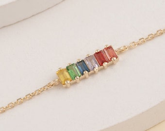 Rainbow Sapphire Bracelet, Baguette Bracelet, 14k Solid Gold, Natural Gemstone, Dainty Unique Prong Setting, 18k Gold Trendy Gift, Kira