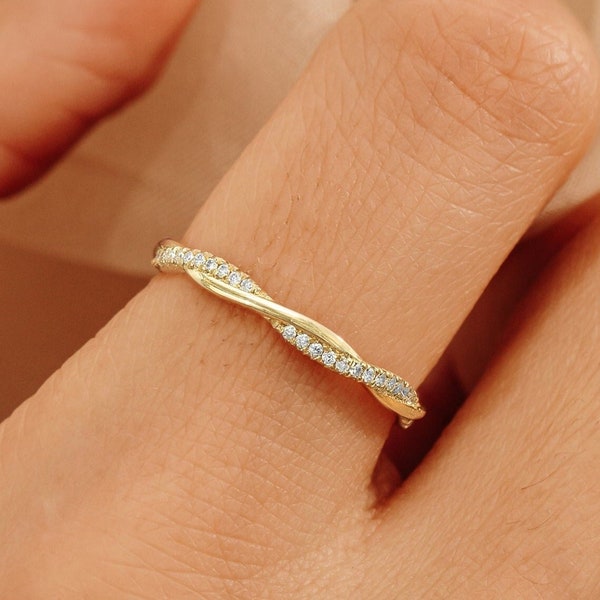 14k Gold Diamond Petite Twist Ring, Half Eternity Ring, Solid Gold And Natural Diamond, Delicate Wedding Ring, Micro Pave Diamonds, Emily