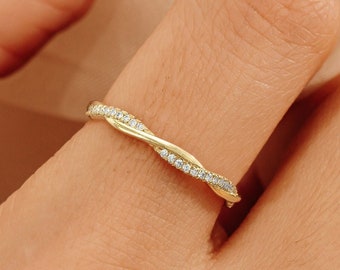 14k Gold Diamond Petite Twist Ring, Half Eternity Ring, Solid Gold And Natural Diamond, Delicate Wedding Ring, Micro Pave Diamonds, Emily