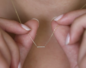 14k Dainty Diamond Bar Necklace, Small Diamond Necklace, Tiny Diamond Choker, Solid Gold, 14k Rose, Yellow, White Gold, Simple, Priscilla