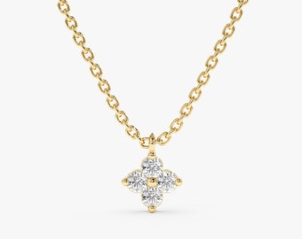 14k Gold and Diamond Necklace, Small Clover Necklace, Dainty Sparkling Chain, White Natural Diamonds and Solid Gold, Gift For Mom, Scarlett