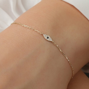 Mini Evil Eye Diamond Bracelet, 14k Solid Gold Diamond Pave Lucky Eye Jewelry, White, Rose Gold, Solitaire Natural Sapphire, Missandei