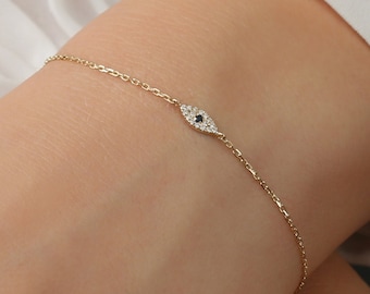 Mini Evil Eye Diamond Bracelet, 14k Solid Gold Diamond Pave Lucky Eye Jewelry, White, Rose Gold, Solitaire Natural Sapphire, Missandei