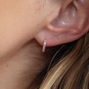 May include: A pair of small gold hoop earrings with a row of tiny clear stones.