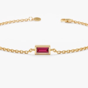 14k Ruby Bracelet, Baguette Natural Ruby Red Stone with Bezel Setting, July Birthstone, Birthstone Jewelry, 14k Dainty Gold Bracelet, Teresa