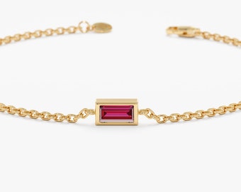 14k Ruby Bracelet, Baguette Natural Ruby Red Stone with Bezel Setting, July Birthstone, Birthstone Jewelry, 14k Dainty Gold Bracelet, Teresa