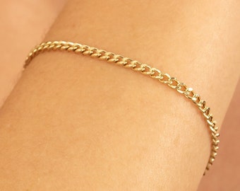 14k Solid Gold Chain Bracelet, Plain Gold Chain, 3mm Cuban Link Bracelet, Cuban Chain Bracelet, Yellow, Rose, White, Arm Stacking, Mira