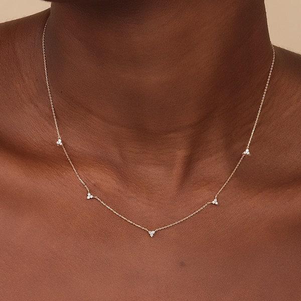 Diamond Station Necklace, Solid Gold Natural Diamond Choker, Cluster Layering Necklace, Dainty 14k or 18k Gold Chain, Prong Set, Handmade