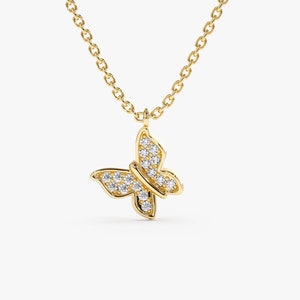 14k Gold Diamond Butterfly Necklace, Handmade Charm Pendant