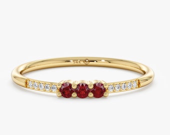 14k Diamond and Ruby Ring, Natural Gemstone and Diamonds, Stackable Ring, Children's birthstone, July Birthstone, Handmade Ring, Jamie