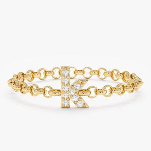 Anillo de cadena con inicial de diamante, anillo de oro de 14 quilates con inicial, letras minúsculas, anillo de cadena de oro, regalo perfecto, anillo de sello, regalo para ella, Mavis