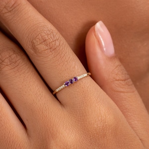 14k Solid Gold Amethyst Ring with Diamond, Amethyst Ring. Natural Stones and Solid Gold, Birthstone Set, February Birthday Gift, Jamie