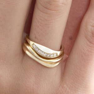 Curved Stacking Diamond Ring Set, Natural Pave Diamonds, 2 Pieces Solid Gold Wavy Rings, Irregular Curve Design, Unique Jewelry, Candice