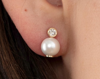 Pearl Earrings, Akoya Pearl Diamond Stud Earrings, 14k Natural Pearl Studs, Classic Design Earrings, Solid Gold Studs, Sold as a pair, Panni