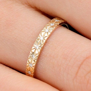 14k Gold Unique Diamond Wedding Ring, Textured Starburst Band, Multi Star Set, Hand Carved Full Eternity, Fine Handmade, Unique Gift, Nur