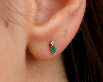 Petite Marquise Emerald Earrings, 14k Solid Gold Stud, Small Diamond and Gemstone Jewelry, 18k Handmade Fine Jewelry, May birthstone, Halle