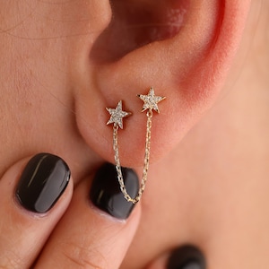 Diamond Star Stud Earrings, 14k Solid Gold Earrings, Dangling Chain Earrings, Double Hole Earrings, Connected Studs, Best Gift, Polaris