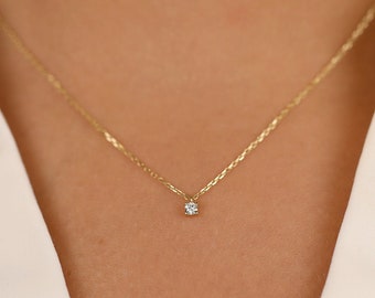 14k Gold Diamond Solitaire Necklace, Solid Gold, Tiny Diamond Choker, Small Gold Necklace, Minimal Necklace, 14k Rose, Yellow, White, Susie