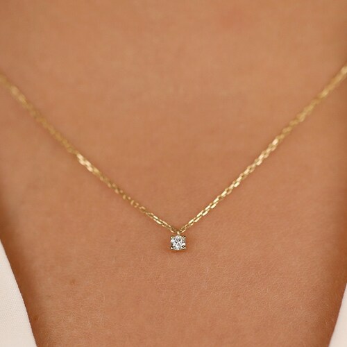 Diamond Necklace / Dainty Solitaire Necklace 14k White Gold / Etsy