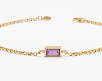 14k Gold Amethyst Bracelet, Baguette Gemstone Stone with Bezel Setting, February Birthstone, Birthstone Jewelry, 14k Dainty Bracelet, Teresa