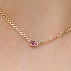 14k Gold Pink Sapphire Necklace, Cuban Chain Necklace, Oval Pink Sapphire, Natural Gemstone, Solid Gold Curb Chain Link Choker, Nicole