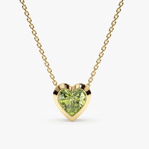 14k Gold Peridot Necklace, Natural Gemstone Necklace, Solid Gold Heart Necklace, Heart Shape Gemstone, Peridot, Birthstone Necklace, Ashly