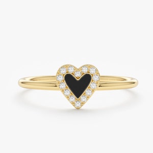 14k Diamond Heart Ring, Diamond Black Heart Ring, Dainty Diamond Ring, Gold Enamel Ring, Rose, White or Yellow Gold, Birthday Gift, Lilliana