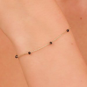 Black Diamond Bracelet, Beaded Gold Bracelet, 14k Solid Gold Chain with 3mm Natural Diamonds, Diamond Stations on Dainty Gold Chain, Poppy