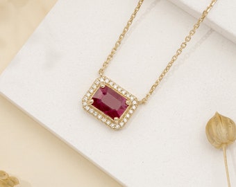 14k Gold Diamond and Ruby Necklace, Emerald Cut Genuine Ruby and Natural Diamonds, Solid Gold Necklace, Ruby Pendant Necklace, Juliet