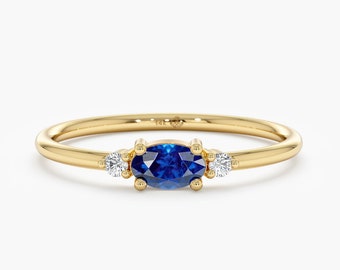 14k Gold Diamond and Sapphire Ring, Blue Sapphire Engagement Ring, Dainty Solid Gold Minimalist Ring, Natural Diamonds and Sapphire, Daria