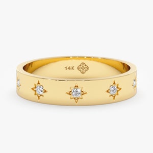14k Gold Diamond Starburst Ring, Stars Ring, Half Eternity Band, Solid Gold And Diamond Band, Multi Stars Ring, Gold Wedding Band, Estelle