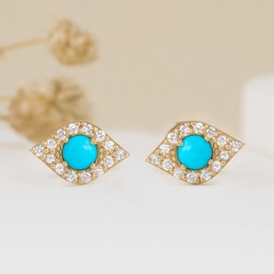 Diamond Evil Eye Earrings, Turquoise Stone and Natural Diamonds, Protection Studs, Small Lucky Eye Earrings, For Good Luck, Sansa