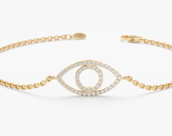 14k Gold Diamond Evil Eye Bracelet, Solid Gold Evil Eye Charm, Dainty Diamond Bracelet, Good Luck Bracelet, Best Gift Ever, Haven