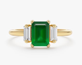 Emerald and Diamond Statement Ring, 14k Solid Gold, Natural Stones, Octagon Shape Emerald, Baguette Diamonds, Engagement Ring, Lauryn