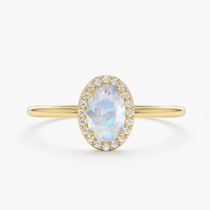 14k Gold Moonstone Ring, Diamond Ring, Engagement Ring Stacking Ring, Rainbow Moonstone, Halo Setting, Birthstone Ring, Gift for Her, Claire