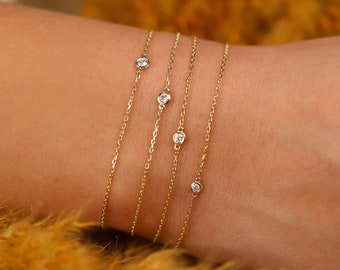 Diamond Single Bezel Bracelet, Simple Diamond Bracelet, Solitaire Diamond Bracelet, Small Diamond Bracelet, 14k Rose, White, Yellow, Susie