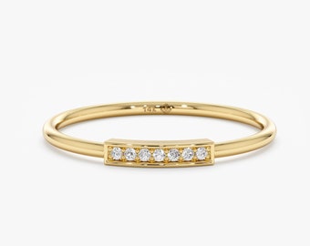 14k Gold Diamond Dainty Ring, Minimalist Diamond Ring, Solid Gold Thin Band, Small Diamond Ring, Natural Diamond Ring, Signet Ring, Paula